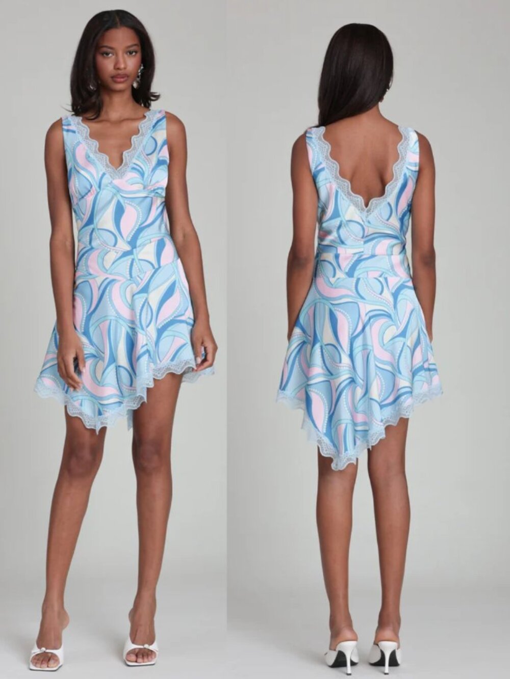 AVEC LES FILLES Retro Paisley Lace Trim Satin Mini Dress Y2K Romantic Euro Chic